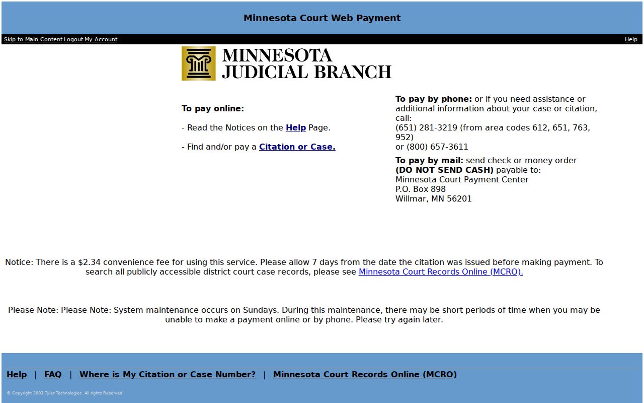 Minnesota Court WebPay citation payment page used for Stevens County warrant records ticket lookups