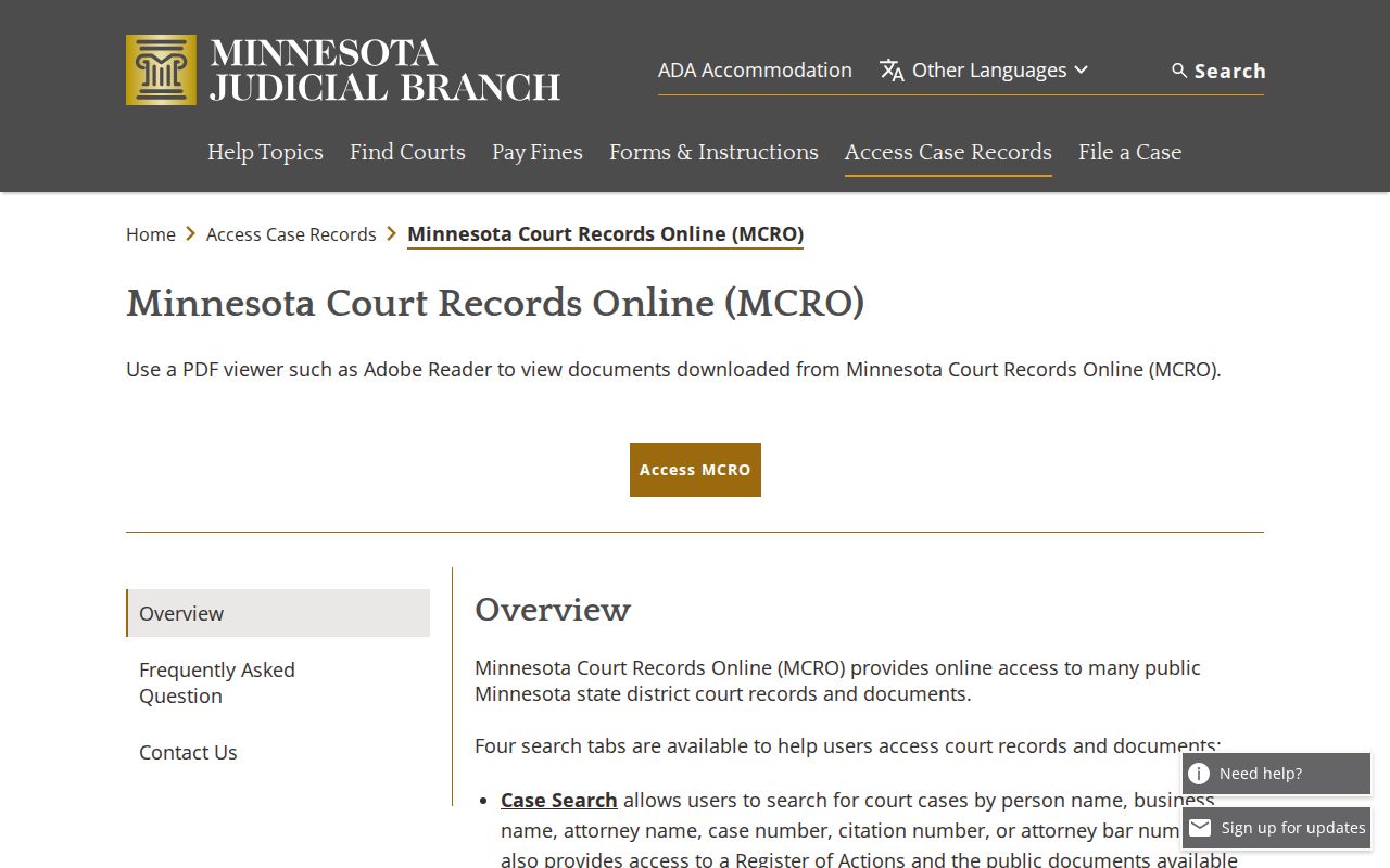 Minnesota Court Records Online search tabs used for Stevens County warrant records lookups