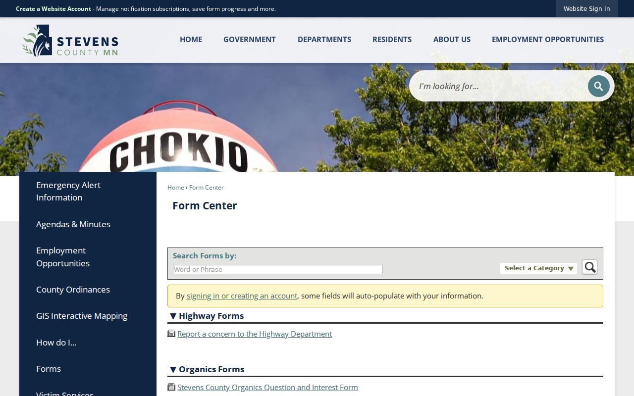Stevens County form search page showing no warrant request category for Stevens County warrant records