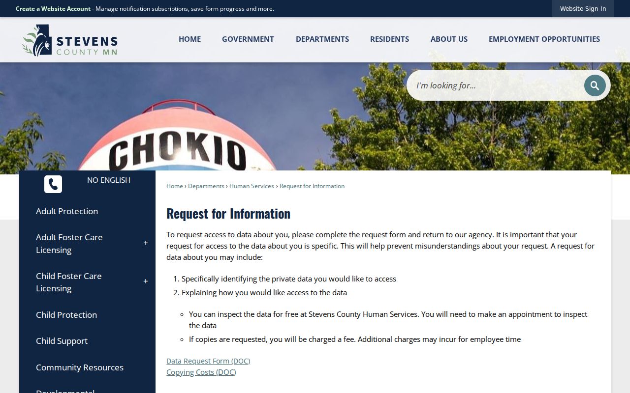 Stevens County request for information page used for Stevens County warrant records requests