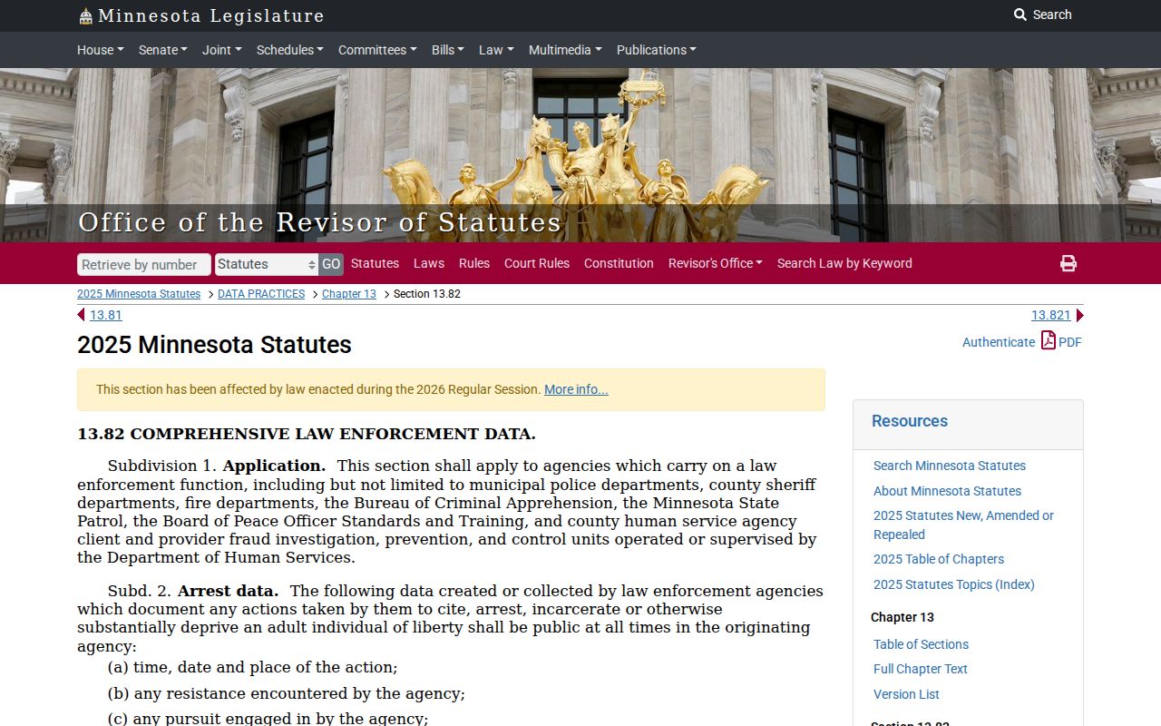 Minnesota statute page on arrest warrant index access for Stevens County warrant records