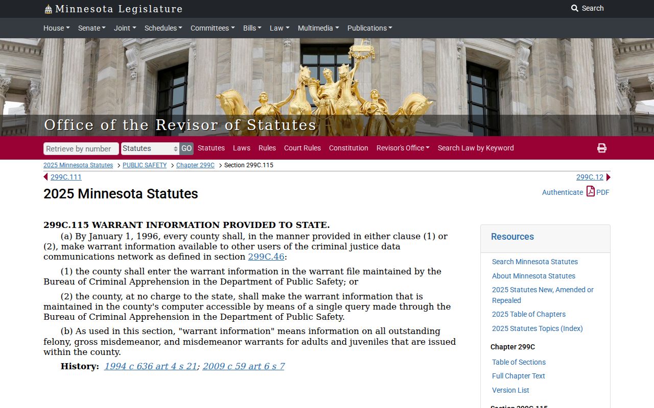 Minnesota statute page on county to state warrant data reporting for Stevens County warrant records