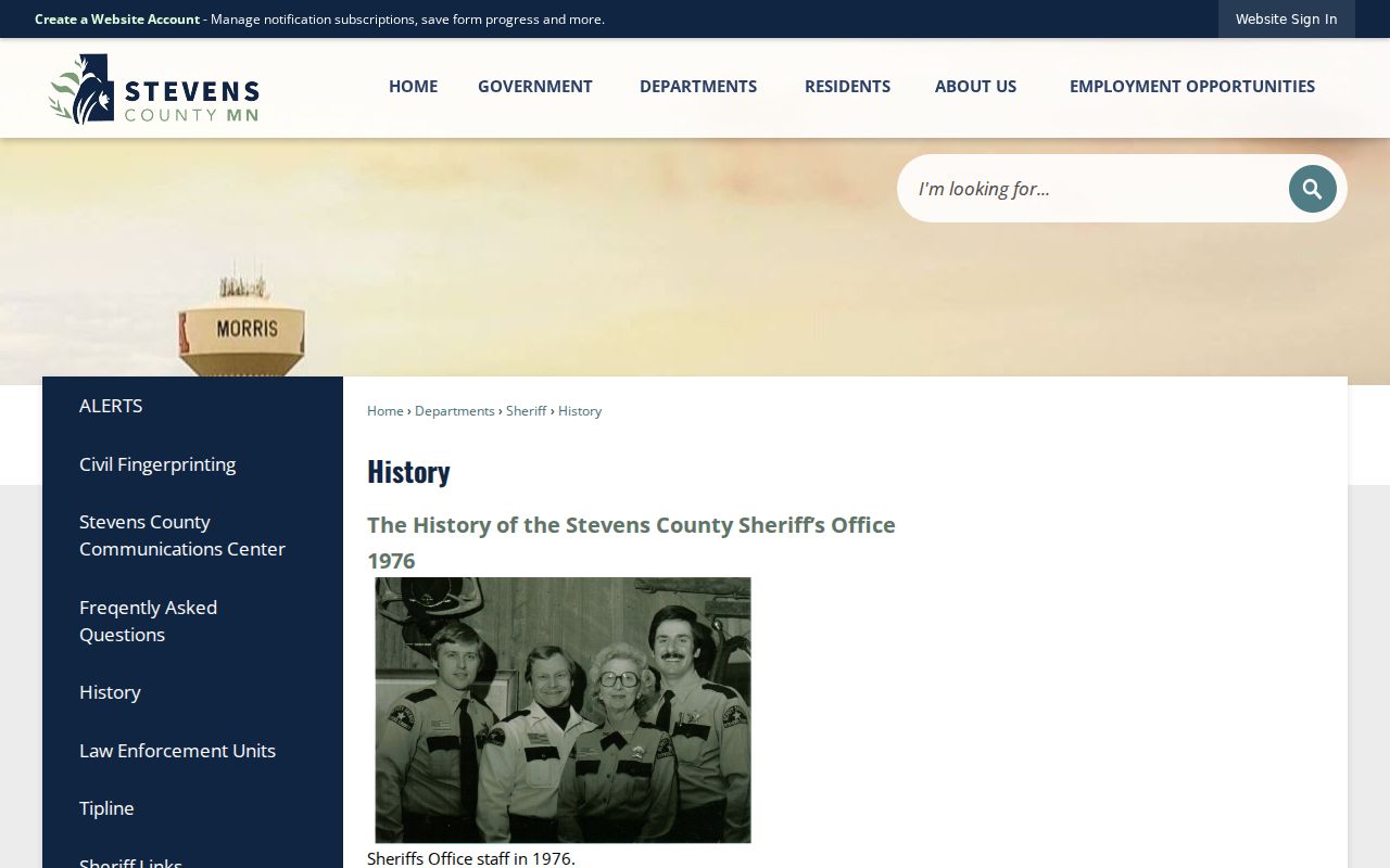 Stevens County Sheriff history page with historical office photographs and warrant office context