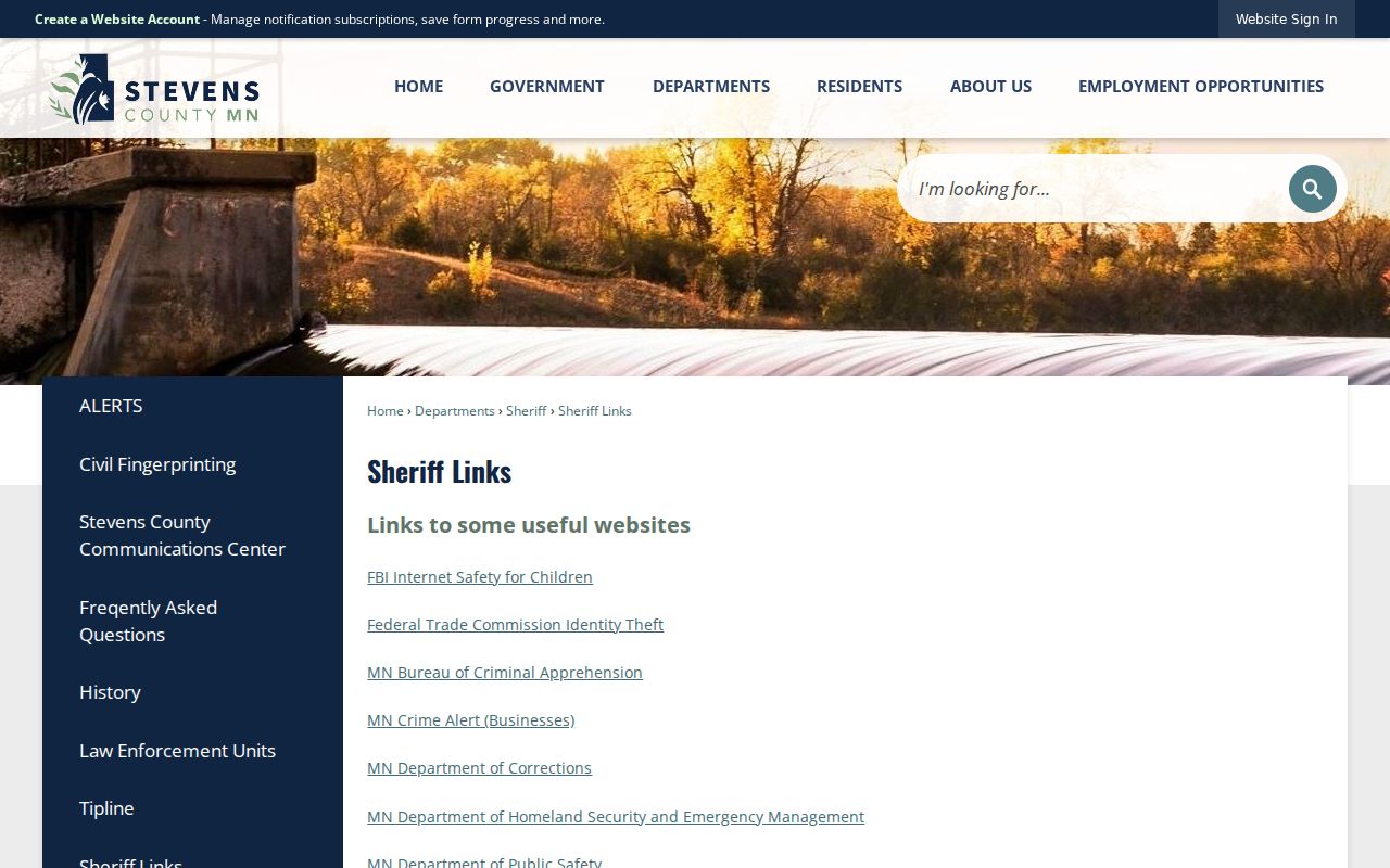 Stevens County Sheriff links page pointing to state and federal wanted notice resources