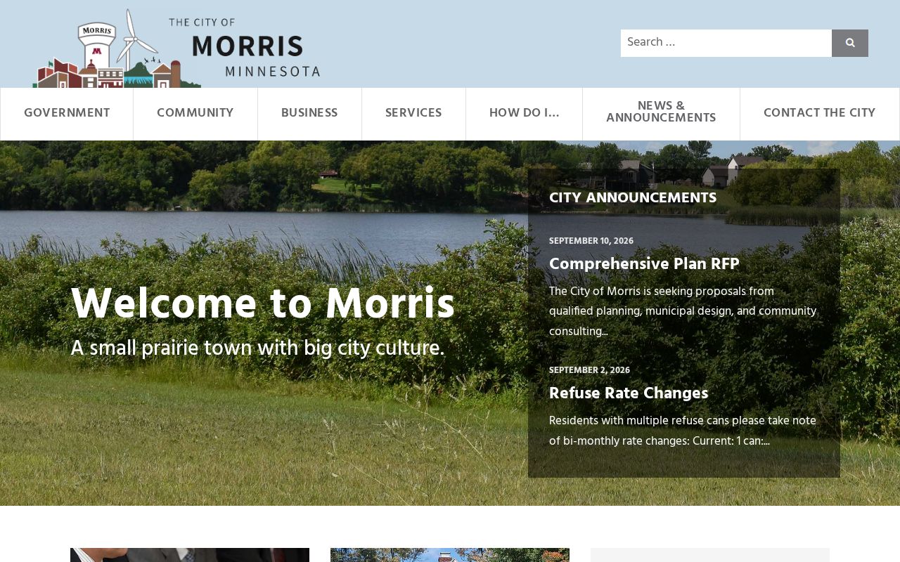 City of Morris homepage used for Morris warrant search city contact routing