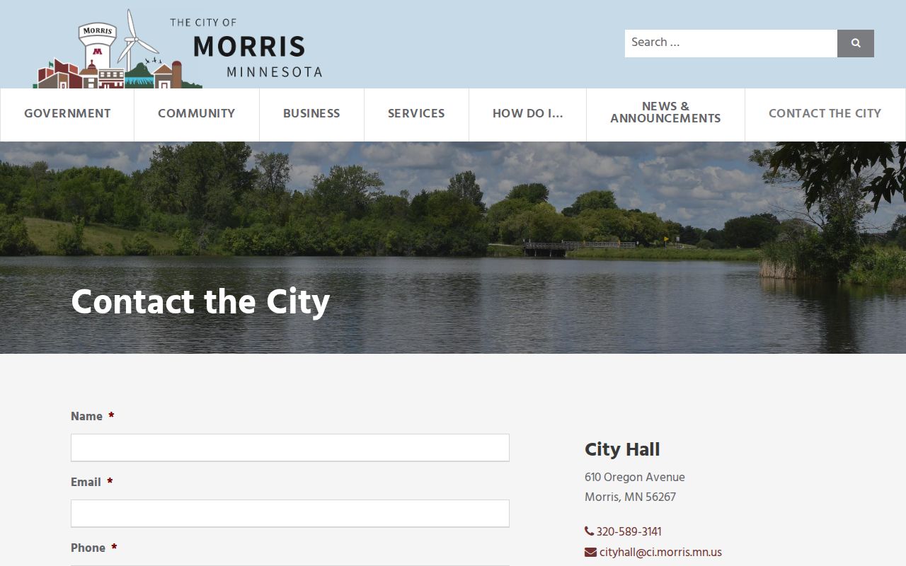 Morris contact form page showing the city message route for Morris warrant search questions