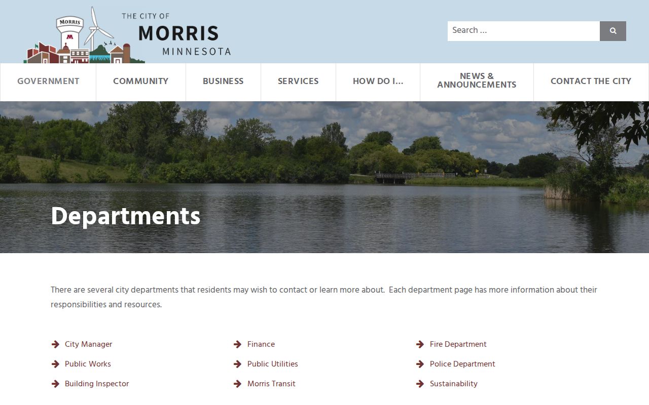 Morris departments page listing city services for Stevens County warrant records routing