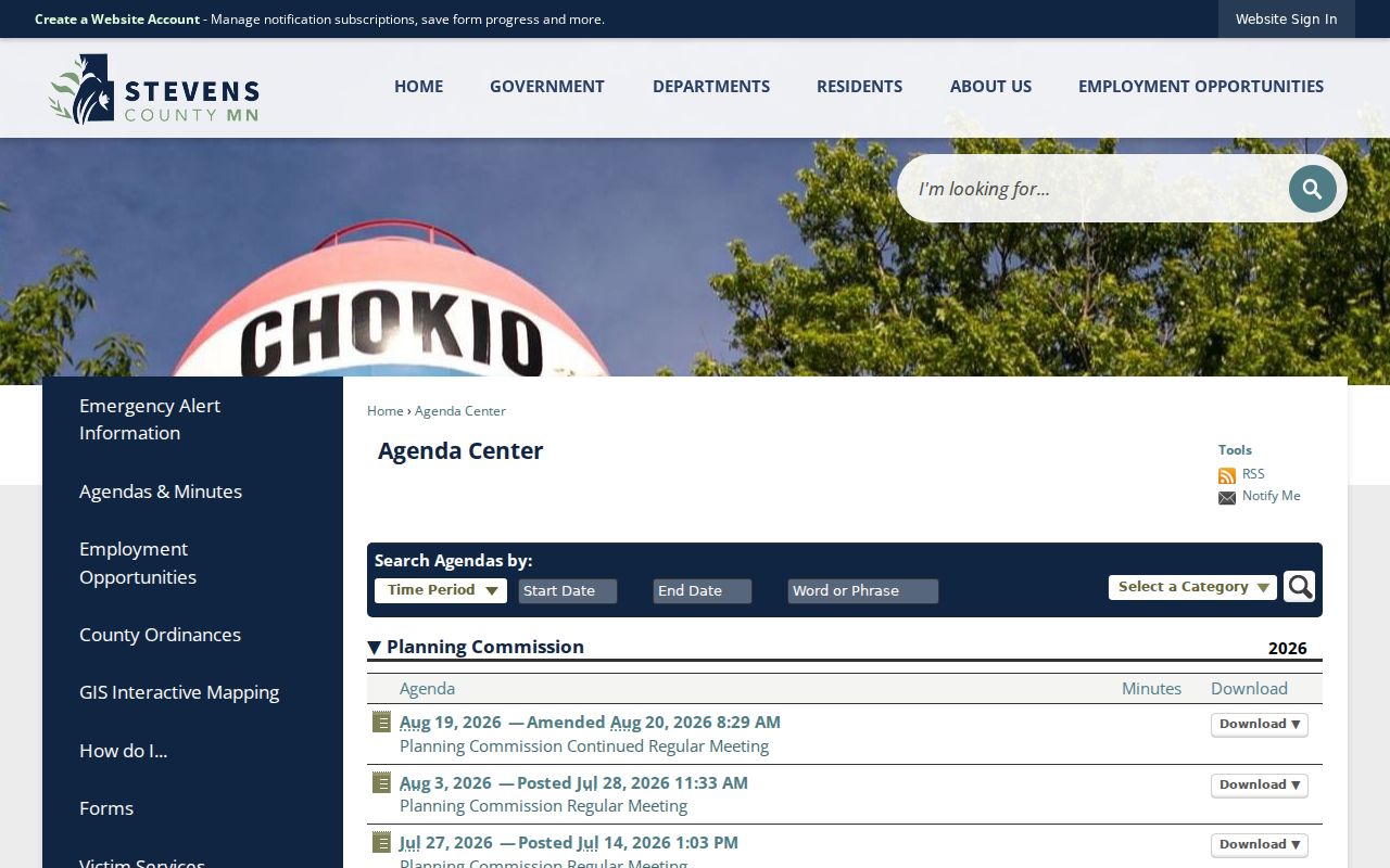 Stevens County Agenda Center search page where financial warrant registers appear instead of Stevens County warrant records