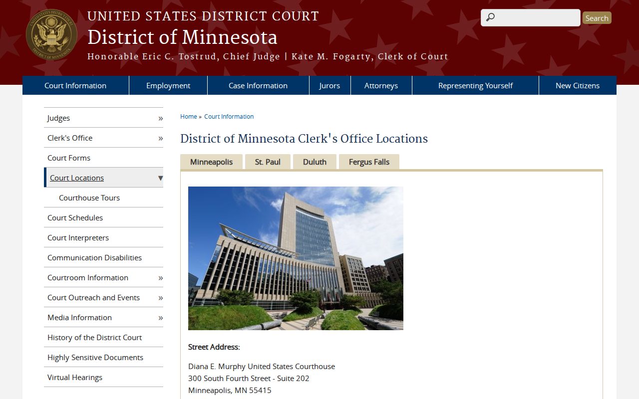 Federal courthouse locations page for Minnesota cases related to Stevens County warrant records