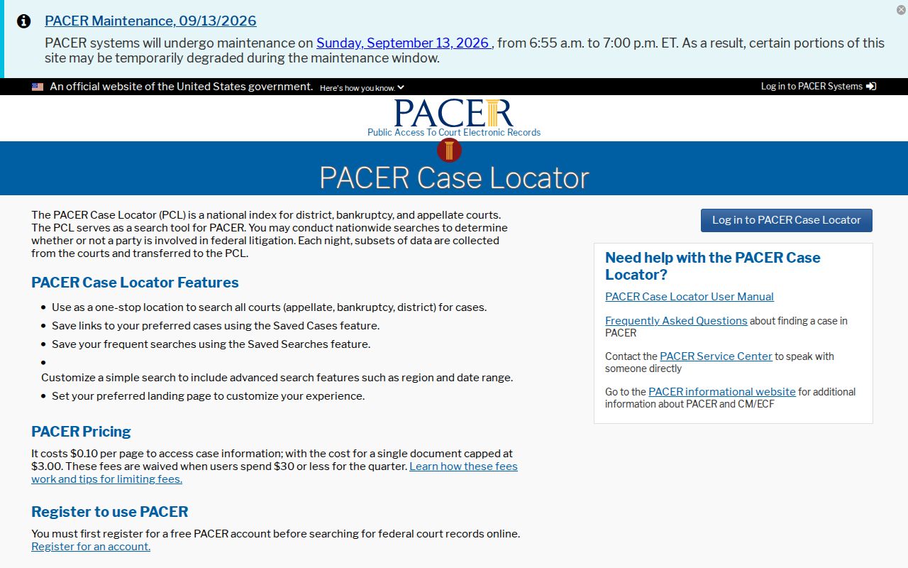 PACER Case Locator search page for federal records distinct from Stevens County warrant records