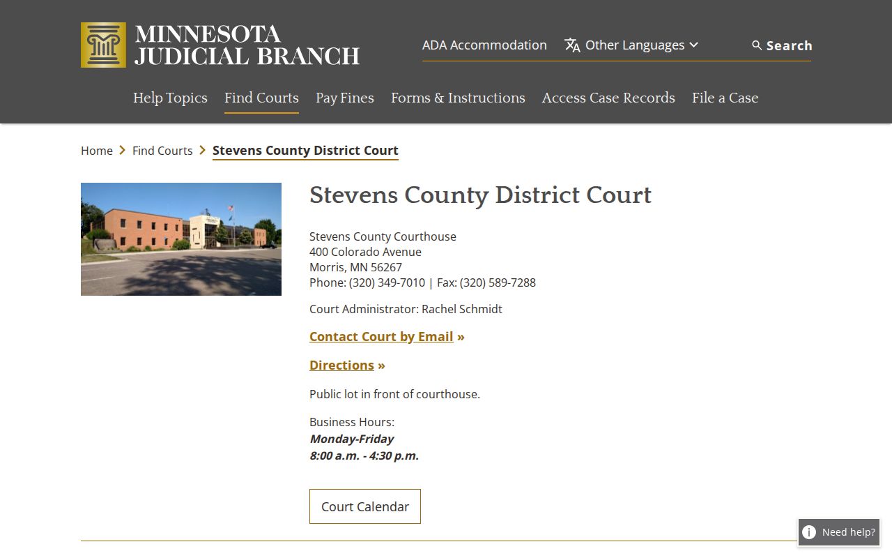 Minnesota Judicial Branch Stevens County courthouse page used for Chokio warrant records questions