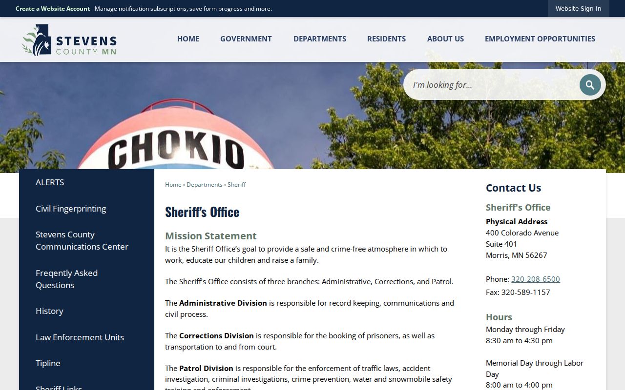 Stevens County Sheriff page showing the county office that serves Stevens County warrant records